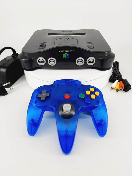 Nintendo 64 Konsole + Controller für N64 in Transparent Blau + TV Kabel + Netzteil