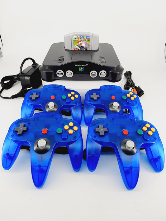 Nintendo 64 Konsole + Mario Kart 64 mit 4 Controller für N64 in Transparent Blau