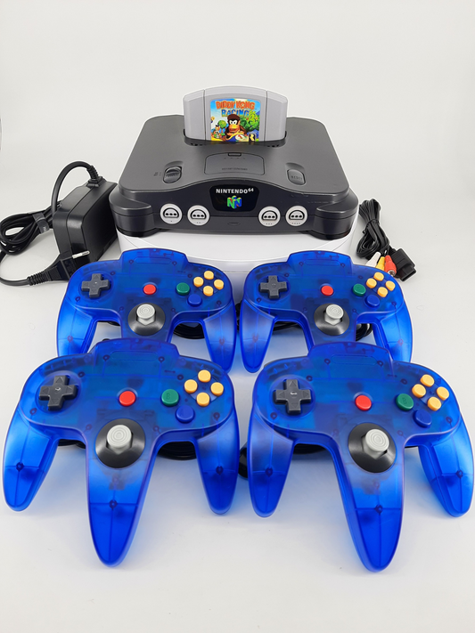Nintendo 64 Diddy Kong Racing Bundle - N64 Konsole + 4 Controller in Transparent Blau für N64